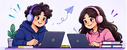 Two students studying together with headphones and laptops