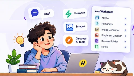 A happy student using the Humbaa AI workspace with chat, humanizer, images and AI tool discovery