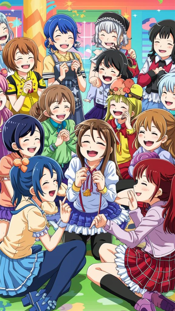 a lively gathering of young anime girls in a color tYzkE2NnRqGfXRVbKwDTjA W3kA32X2SnujuTtSzr7J2w 1
