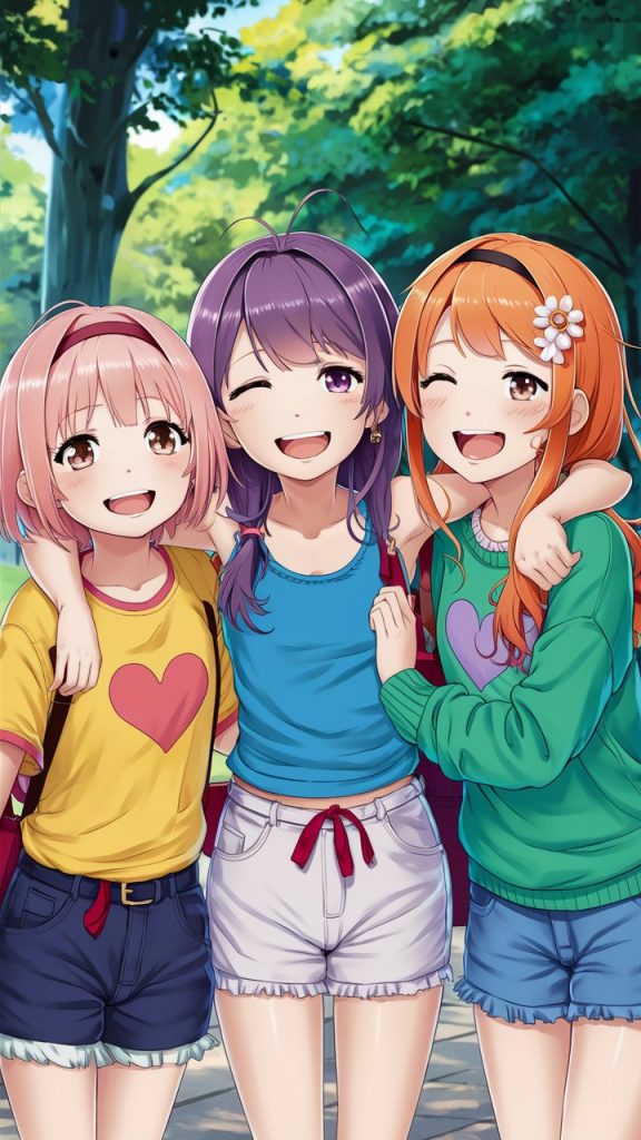 three adorable anime girls dressed in colorful cas WeVvyoI3RTapcepi21IPlQ 6VxC6pOpS6qsiHd7zb99Gw 1